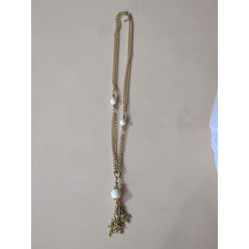 Park Lane Vintage Gold Tone Double Strand Tassel Necklace Cream Faux Pearl Bead‎